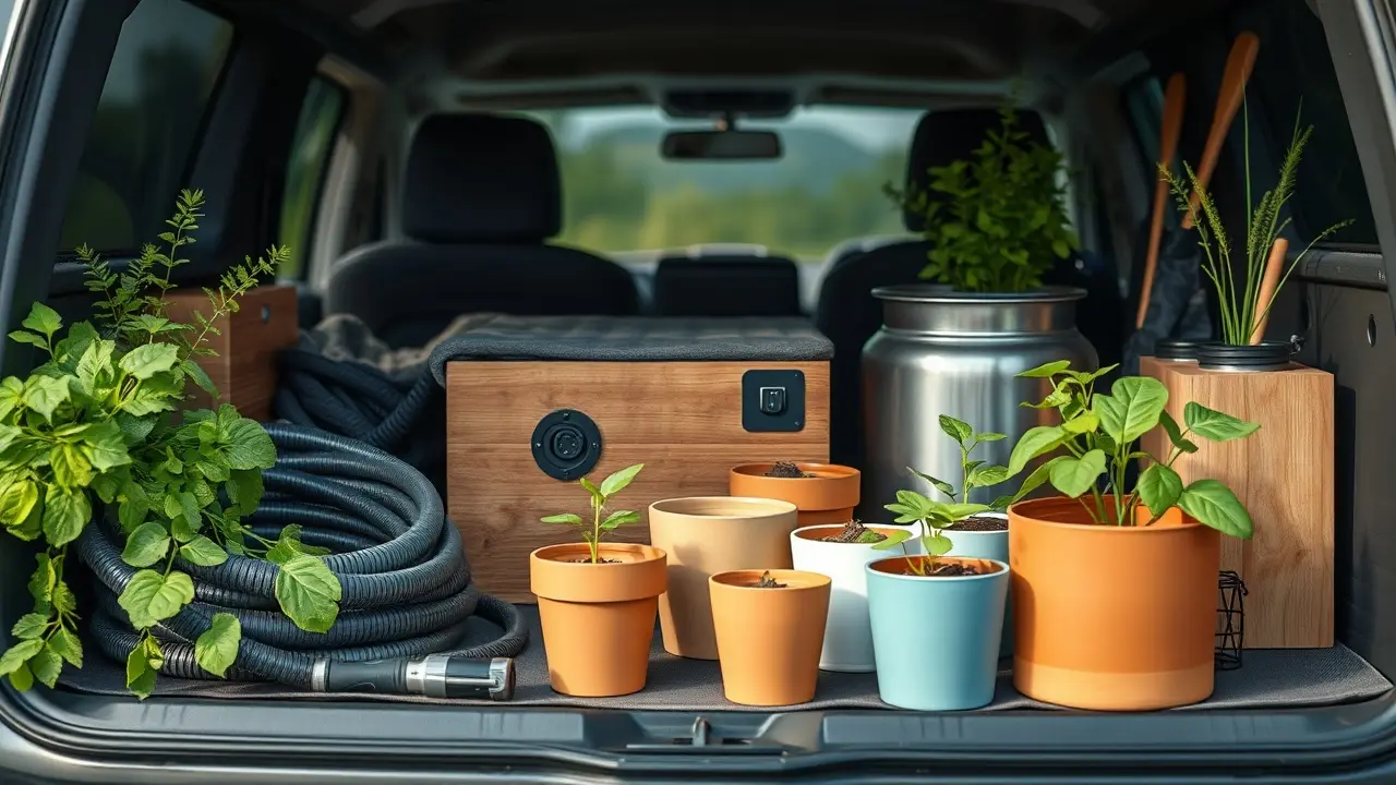 Kompakte 12V-Kompressorkühlbox im geöffneten Kofferraum eines Kleinwagens, angeschlossen an das Bordnetz